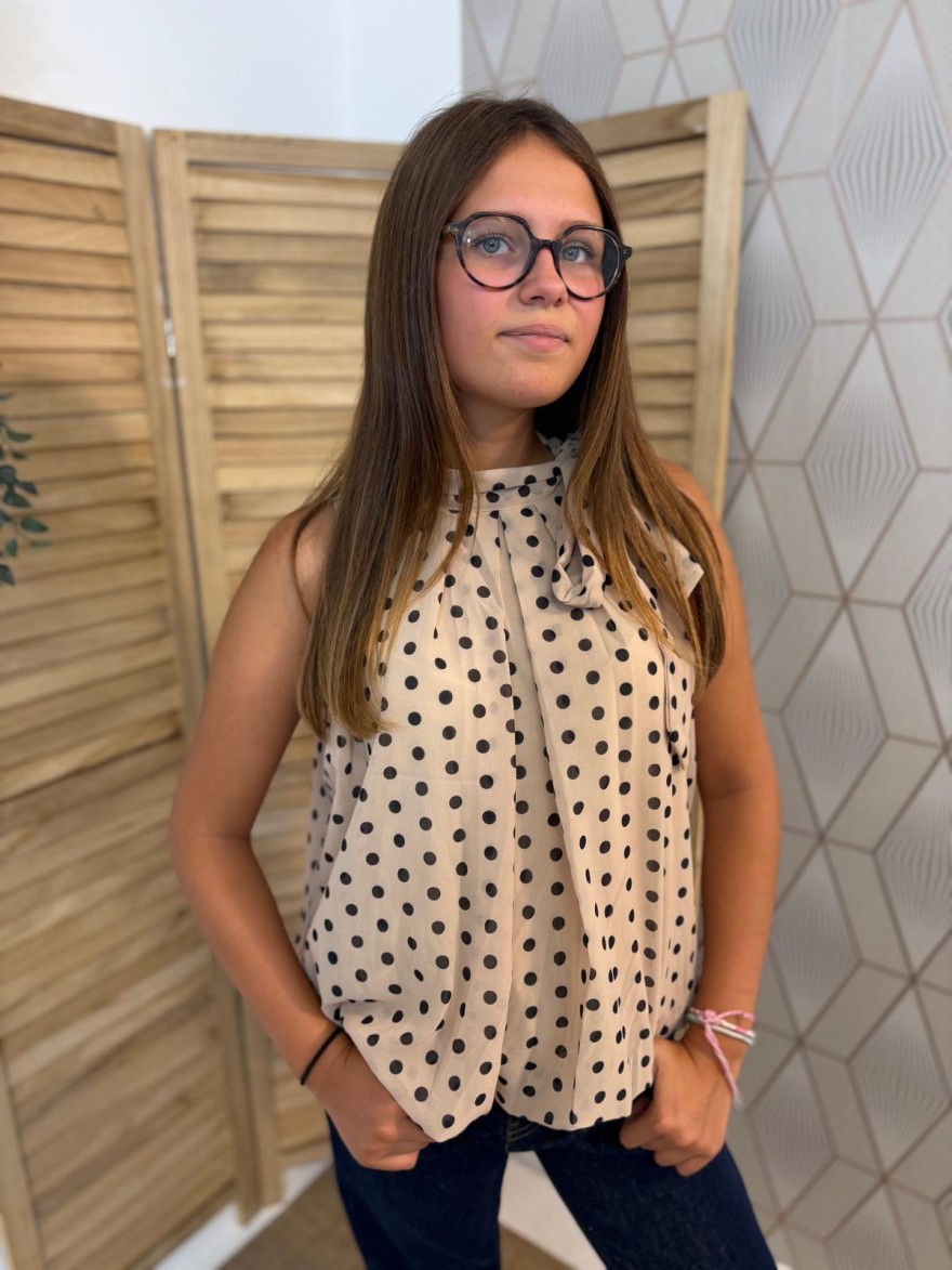 Débardeur Blousant à Pois Latino Col Montant à Nouer | Marina & Paloma