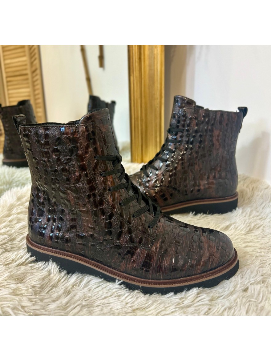 Bottine Remonte D3S72-25 Croco Vernis Marron à Lacets | Marina & Paloma