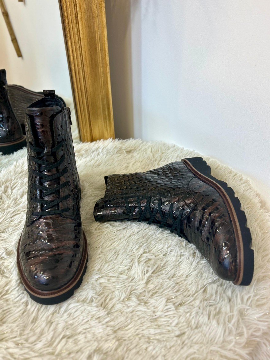 Bottine Remonte D3S72-25 Croco Vernis Marron à Lacets | Marina & Paloma