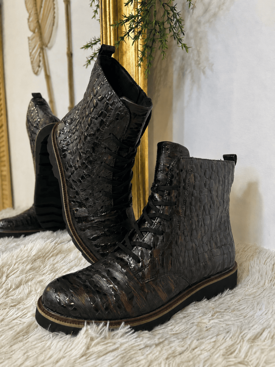 Bottine Remonte D3S72-25 Croco Vernis Marron à Lacets | Marina & Paloma
