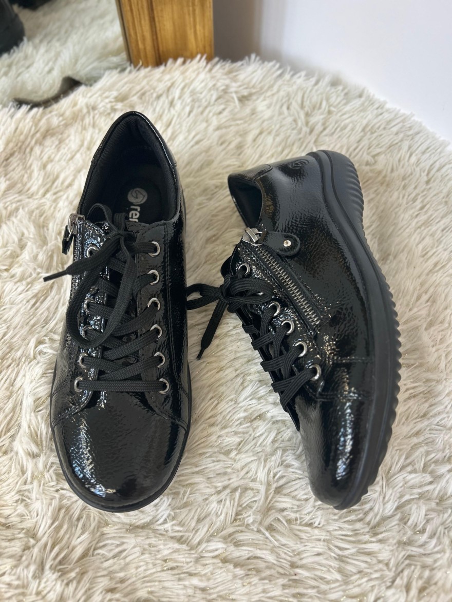 Basket Remonte D1E03-01 Cuir Vernis Noir avec Zip | Marina & Paloma