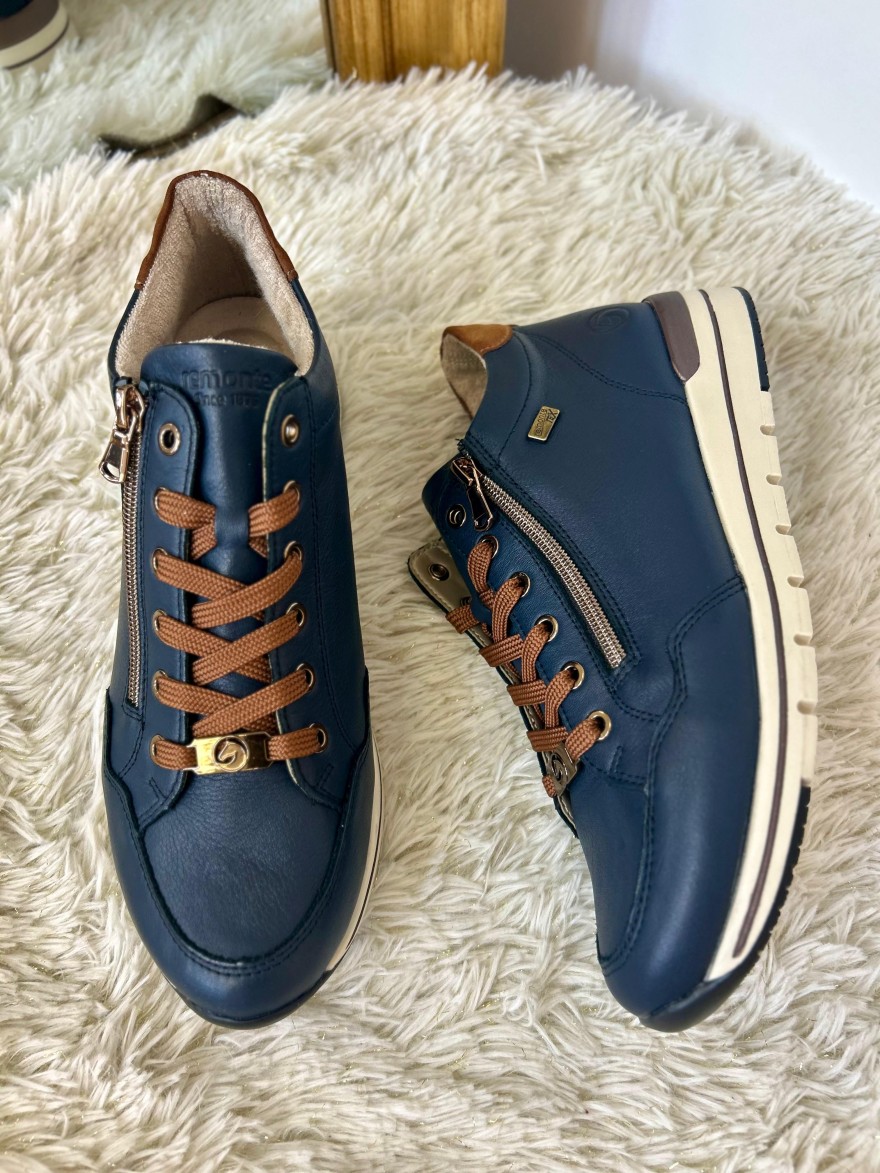 Basket Remonte R6777-14 Marine et Camel en Cuir avec Zip | Marina & Paloma