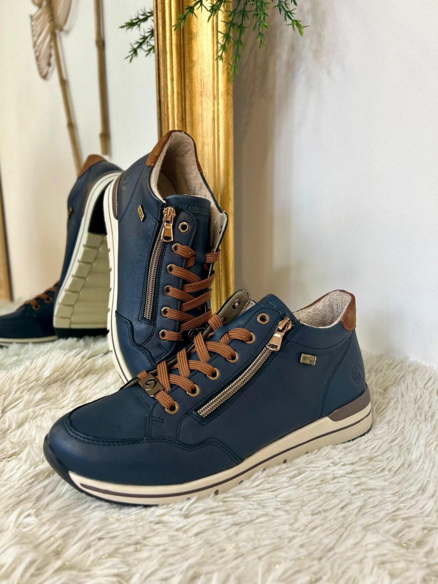 Basket Remonte R6777-14 Marine et Camel en Cuir avec Zip | Marina & Paloma