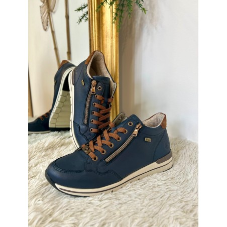 Basket Remonte R6777-14 Marine et Camel en Cuir avec Zip | Marina & Paloma