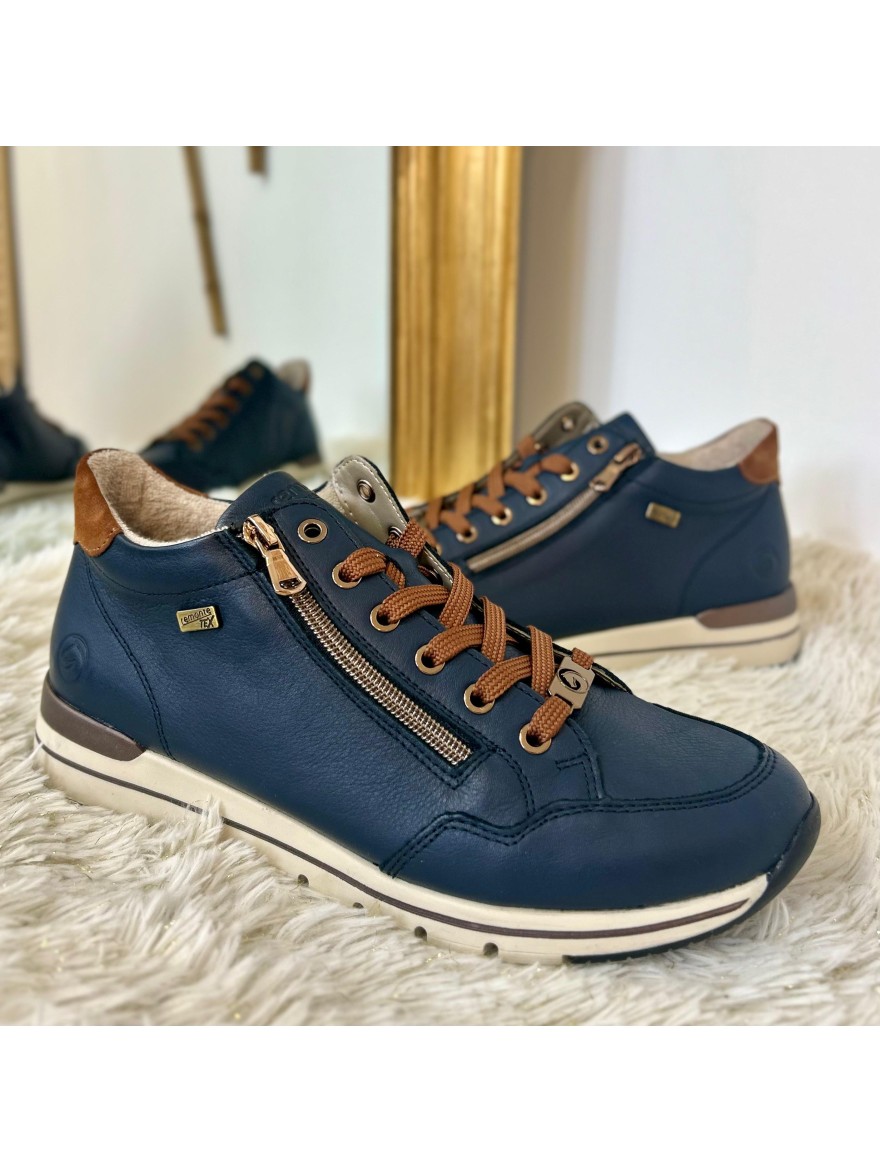 Basket Remonte R6777-14 Marine et Camel en Cuir avec Zip | Marina & Paloma