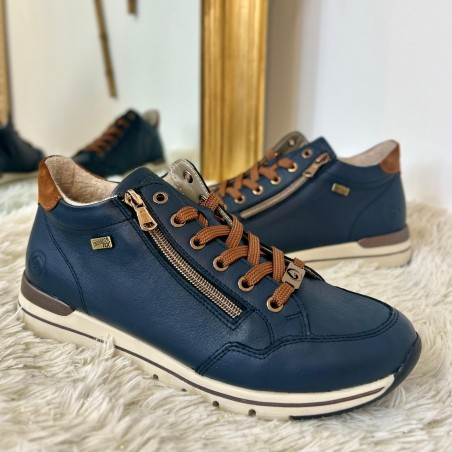 Basket Remonte R6777-14 Marine et Camel en Cuir avec Zip | Marina & Paloma