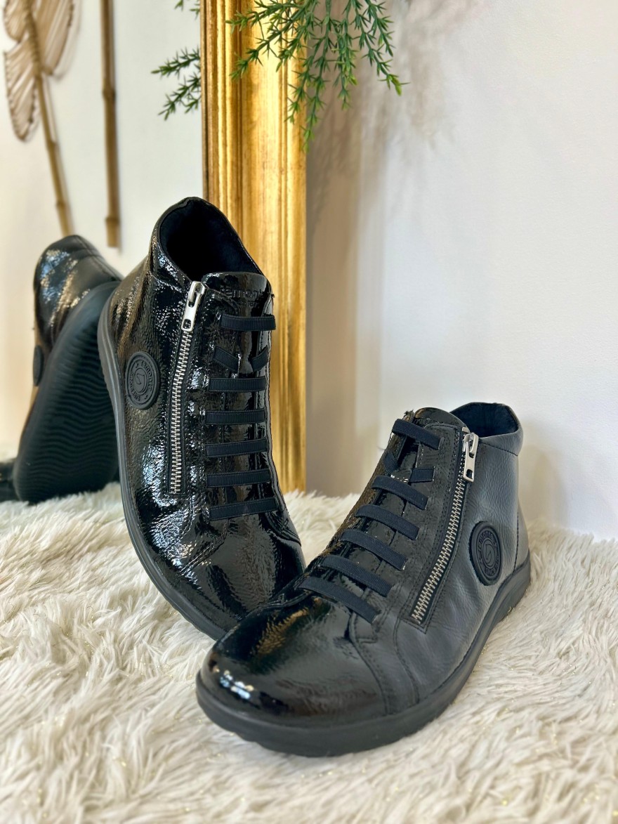 Basket Montante Remonte D1E70-02 Vernis Noir Brillant à Zip | Marina & Paloma