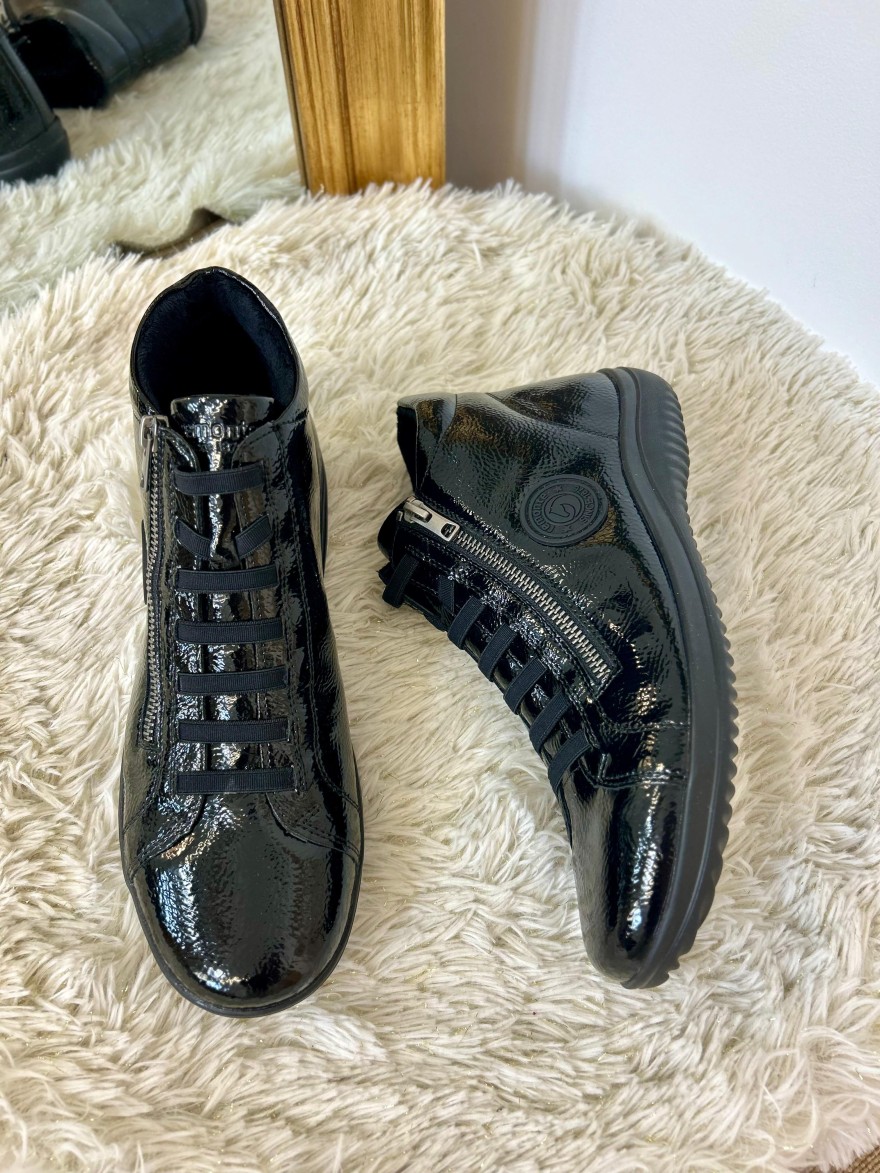 Basket Montante Remonte D1E70-02 Vernis Noir Brillant à Zip | Marina & Paloma