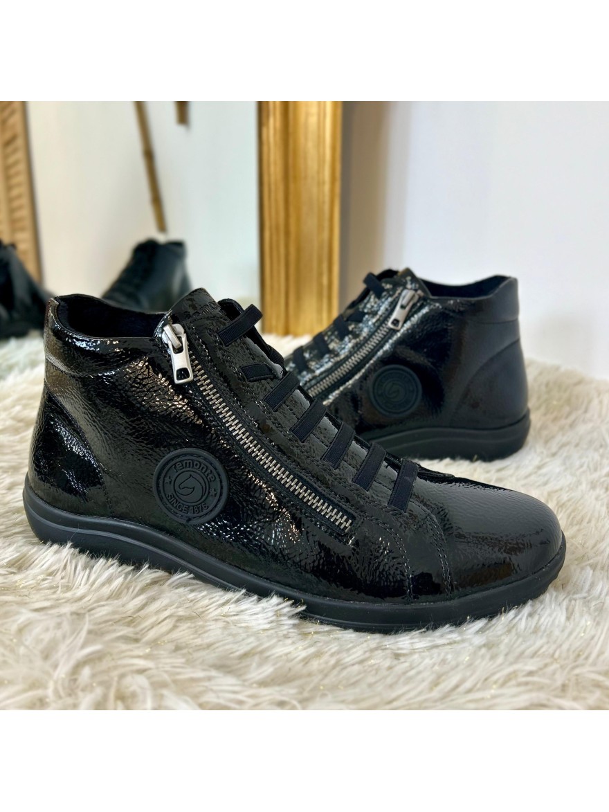 Basket Montante Remonte D1E70-02 Vernis Noir Brillant à Zip | Marina & Paloma