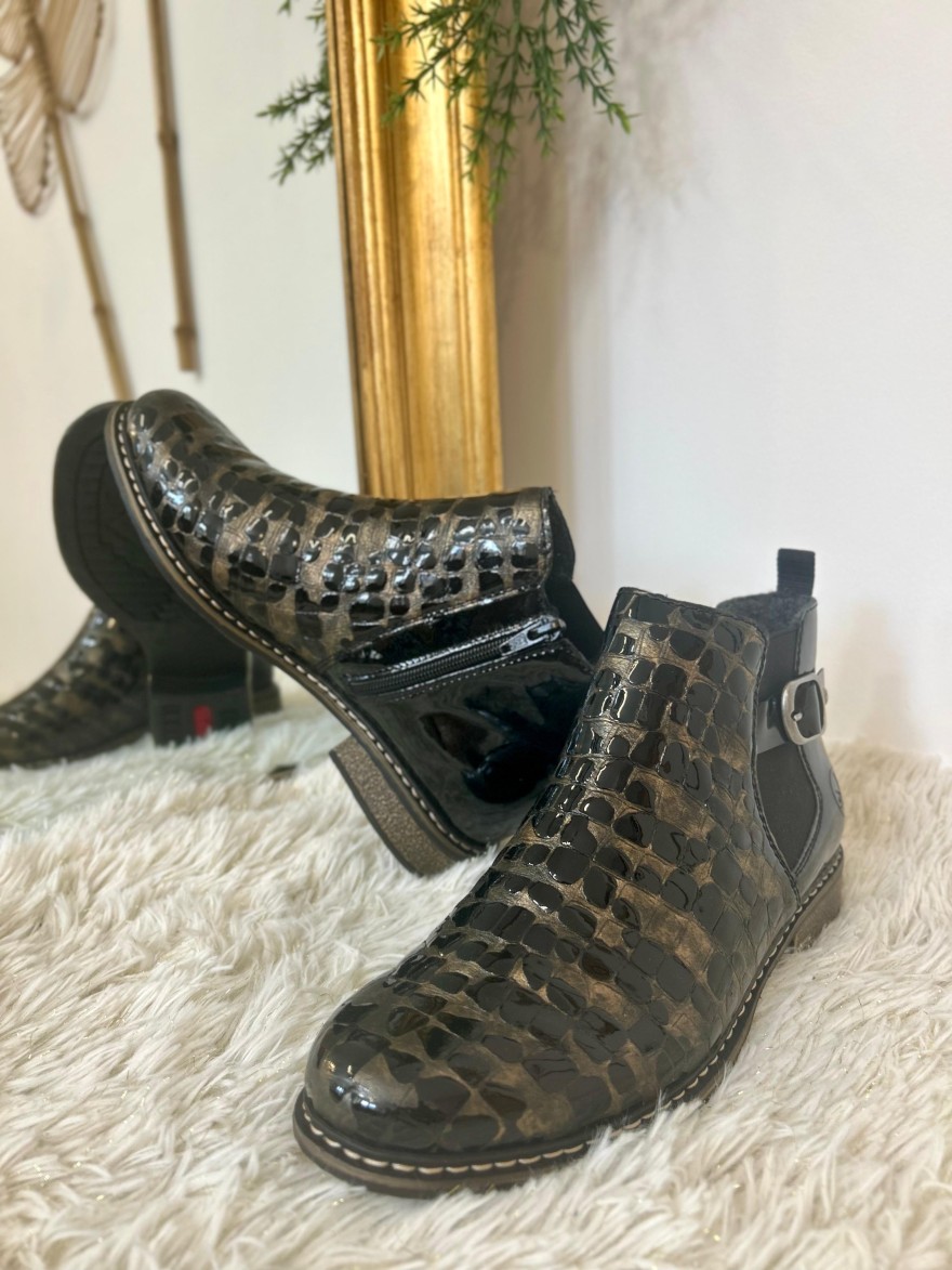 Bottine Rieker Z4965-90 Noire Bronze Effet Croco Verni | Marina & Paloma