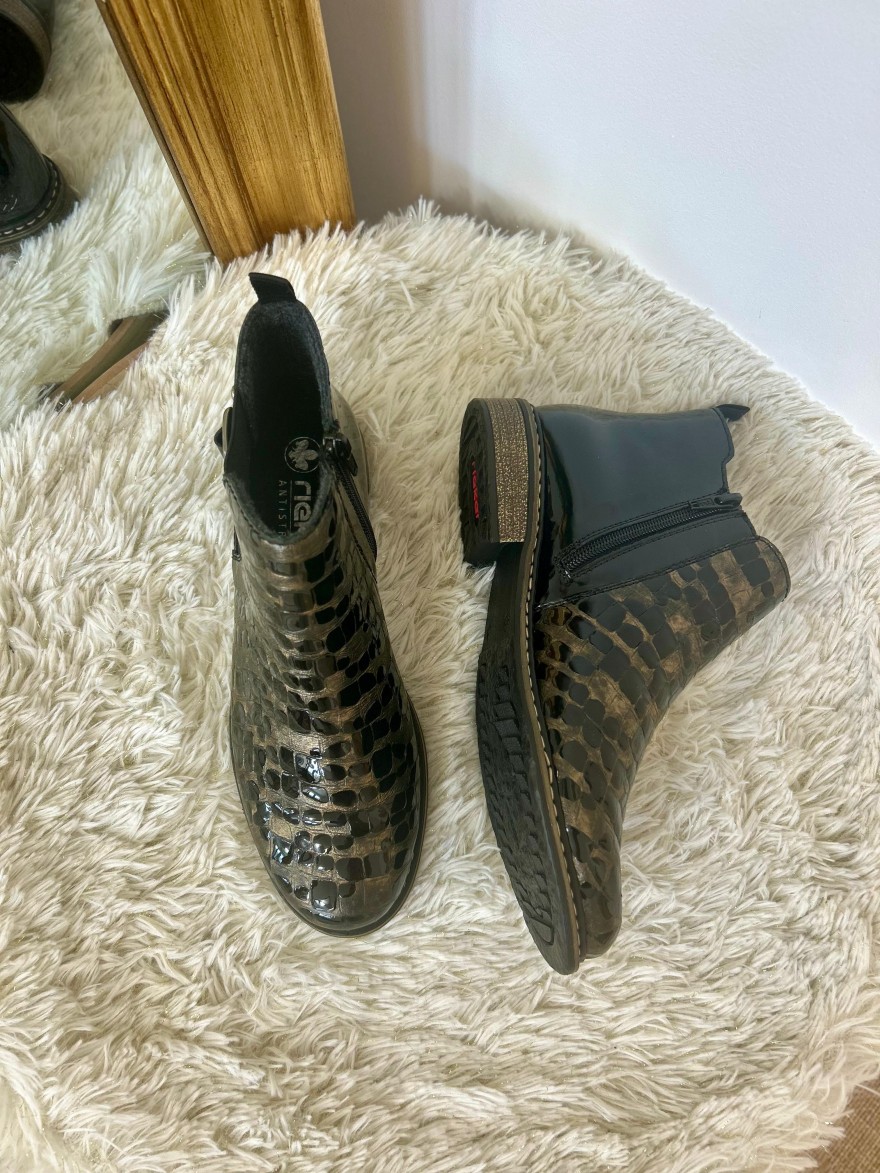 Bottine Rieker Z4965-90 Noire Bronze Effet Croco Verni | Marina & Paloma