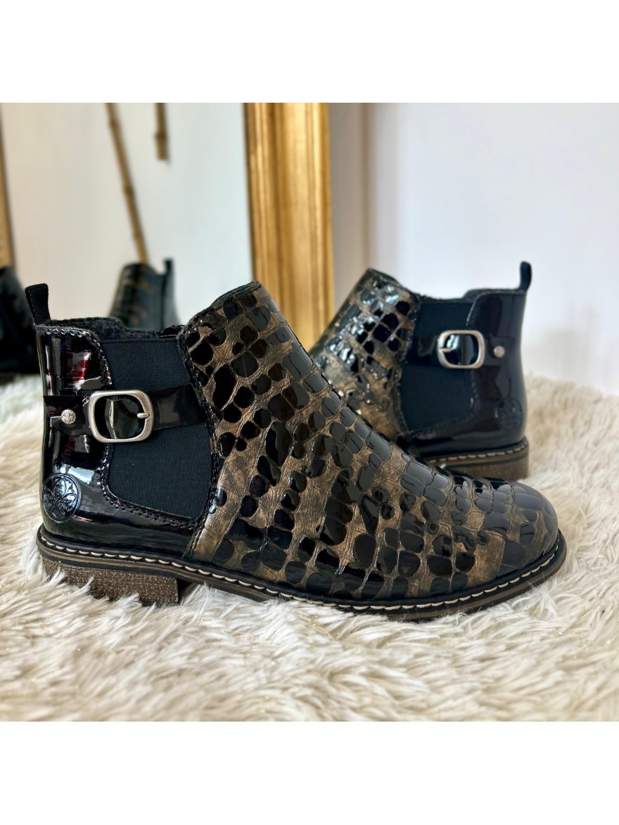 Bottine Rieker Z4965-90 Noire Bronze Effet Croco Verni | Marina & Paloma