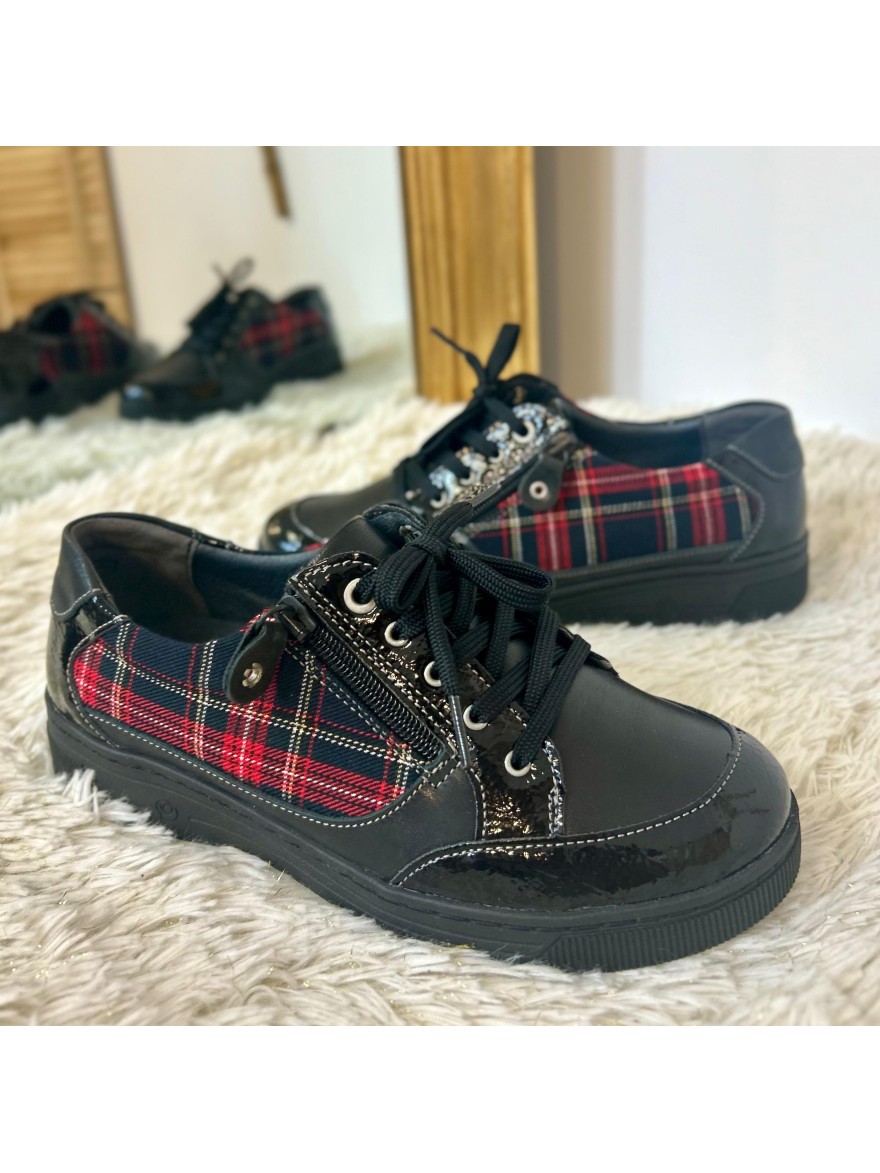Basket Suave Florence 14000SV1 Cuir Noir Tartan Rouge | Marina & Paloma