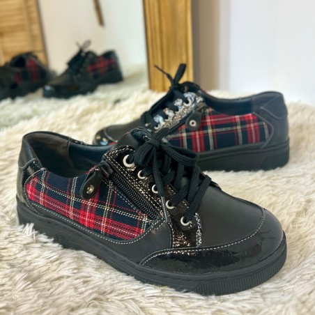 Basket Suave Florence 14000SV1 Cuir Noir Tartan Rouge | Marina & Paloma