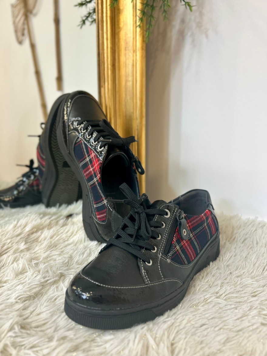 Basket Suave Florence 14000SV1 Cuir Noir Tartan Rouge | Marina & Paloma