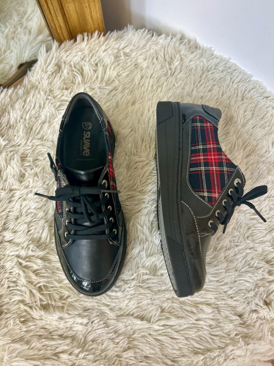 Basket Suave Florence 14000SV1 Cuir Noir Tartan Rouge | Marina & Paloma