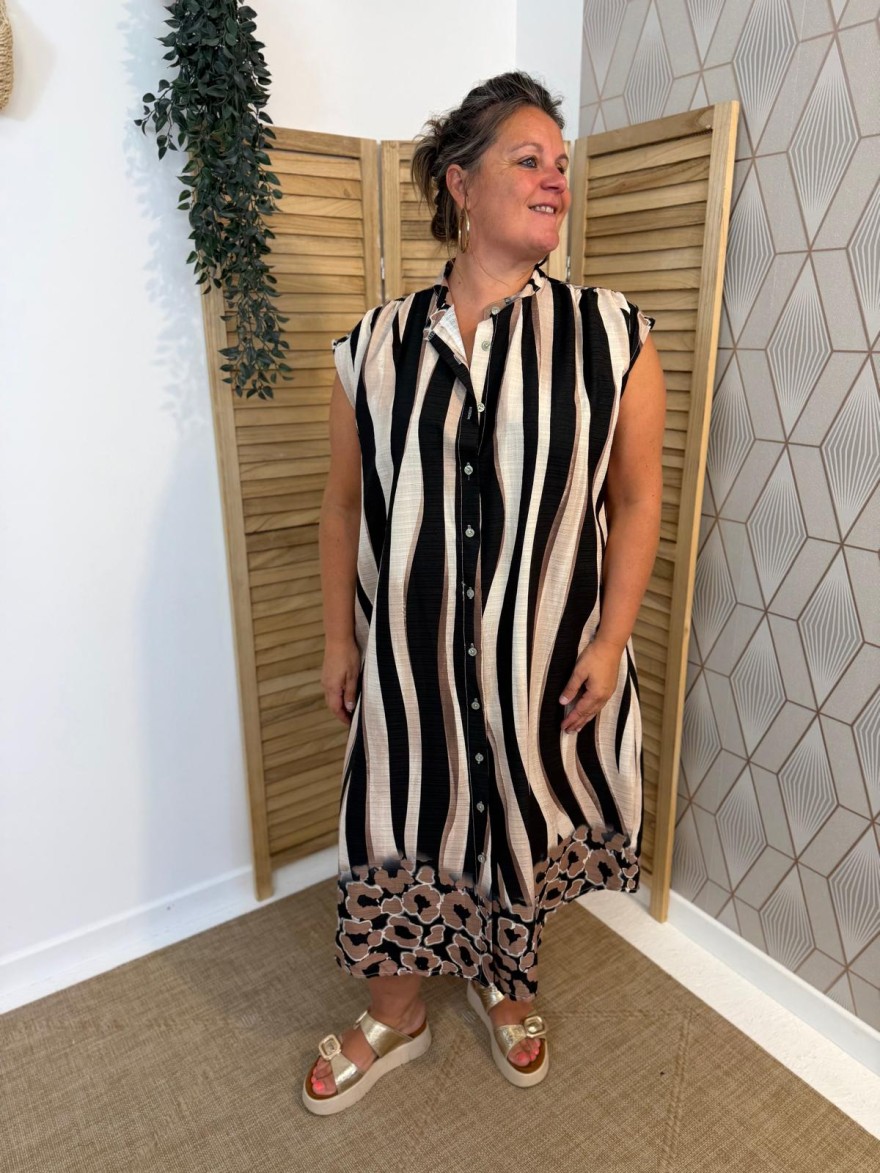 Robe Chemise Longue Miss Carla rayée et détail léopard | Marina & Paloma