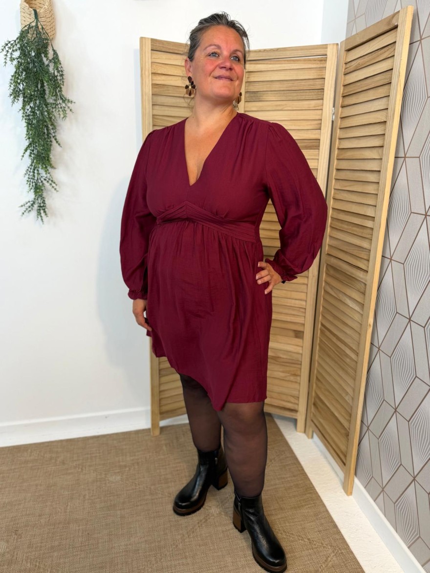 Robe Maelle Bordeaux Fluide à Manche Longue et Évasée | Marina & Paloma