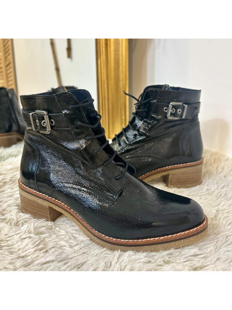 Bottine Dorking Lucero D8686 cuir vernis noir et talon 5 cm | Marina & Paloma