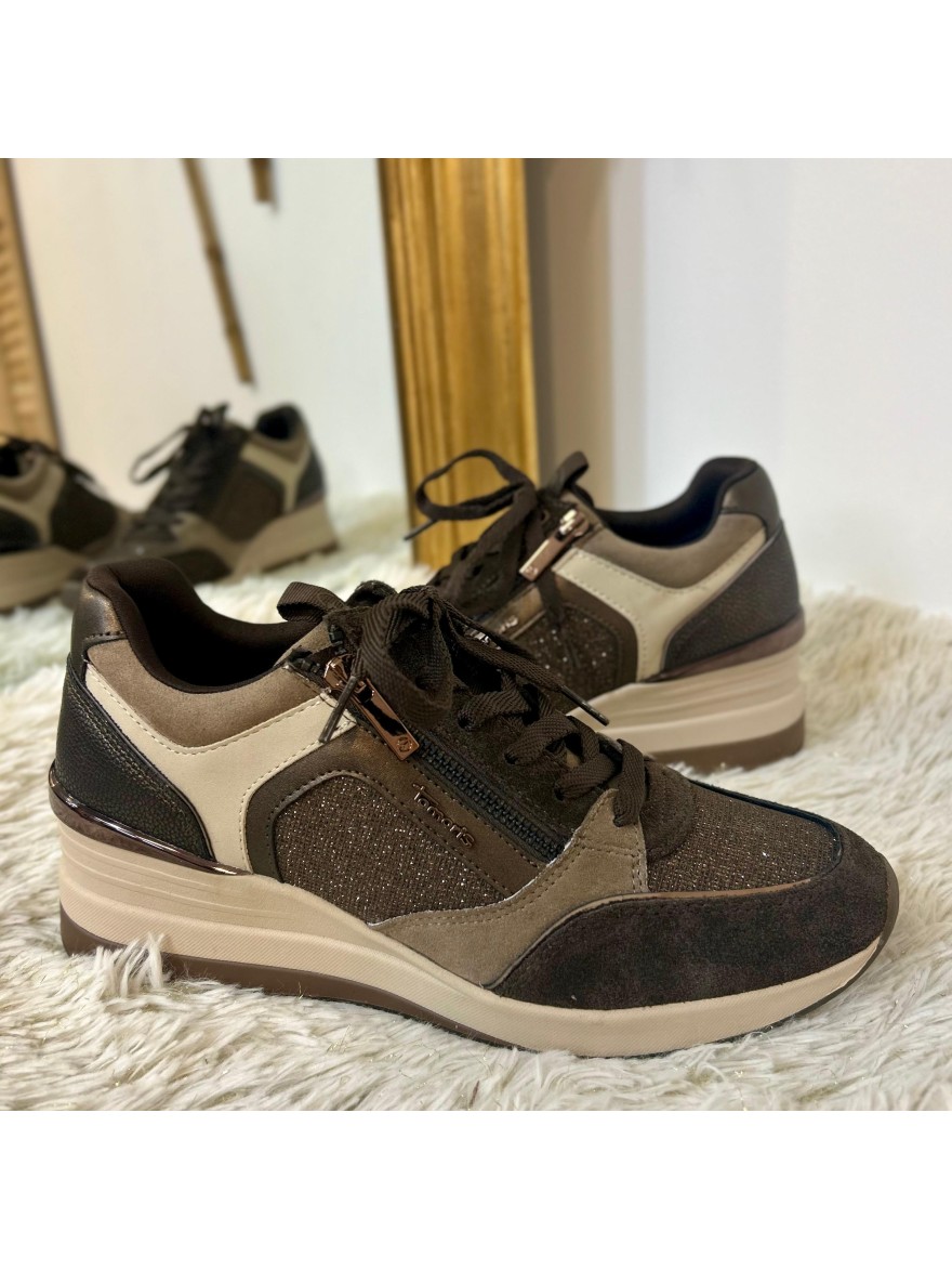 Basket Compensée Tamaris Mocca 23703 cuir et paillettes | Marina & Paloma