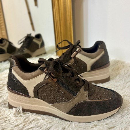 Basket Compensée Tamaris Mocca 23703 cuir et paillettes | Marina & Paloma