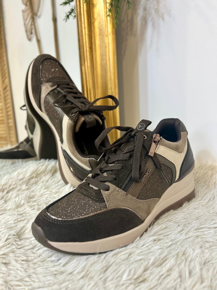 Basket Compensée Tamaris Mocca 23703 cuir et paillettes | Marina & Paloma