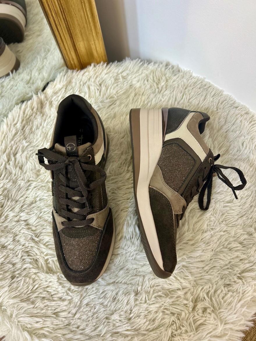 Basket Compensée Tamaris Mocca 23703 cuir et paillettes | Marina & Paloma