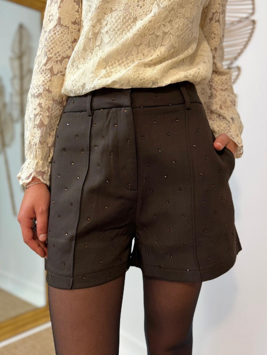 Short Kilky Café à Strass Coupe Droite & Détails Brillants | Marina & Paloma