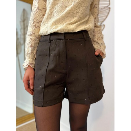 Short Kilky Café à Strass Coupe Droite & Détails Brillants | Marina & Paloma