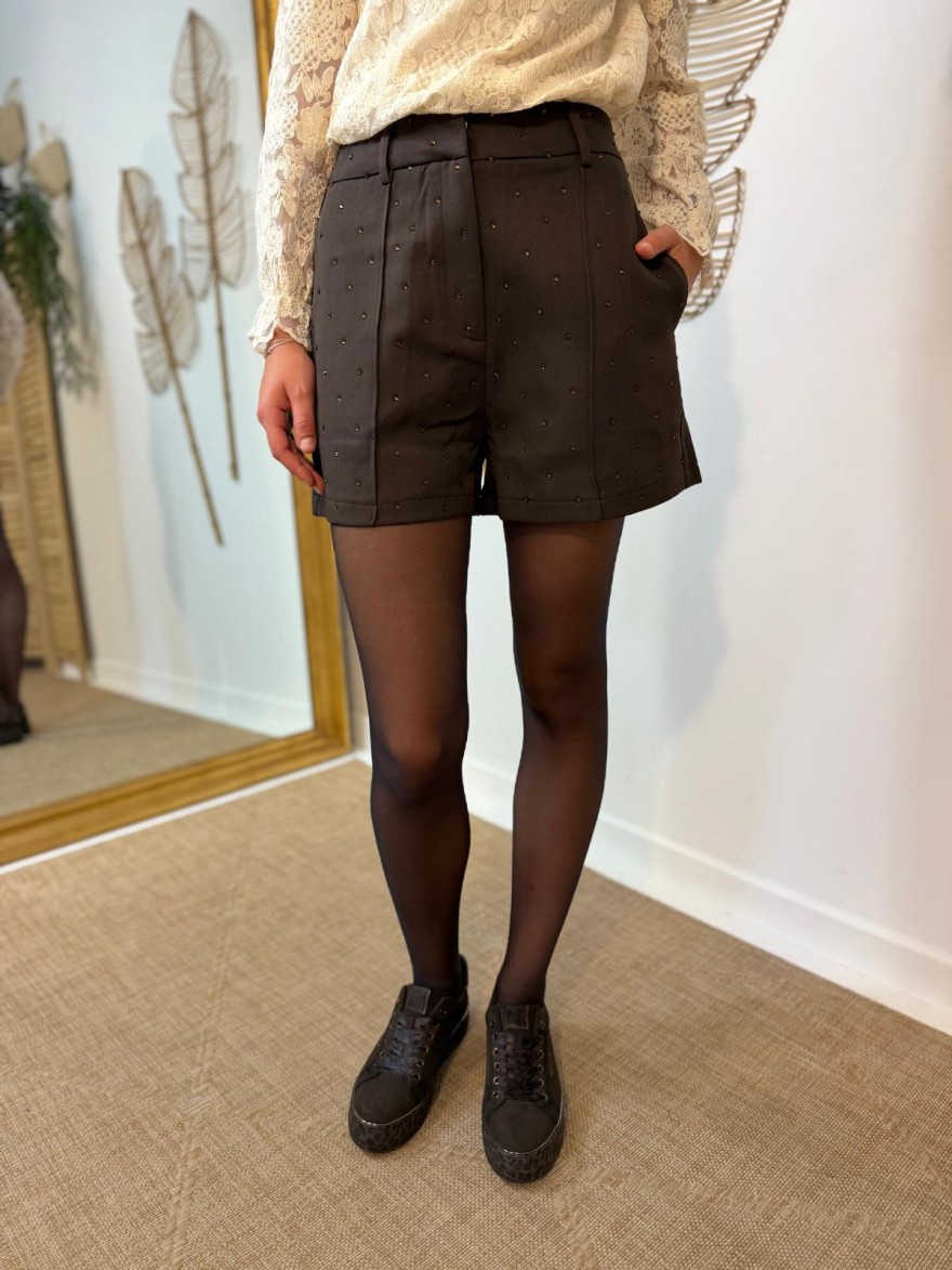 Short Kilky Café à Strass Coupe Droite & Détails Brillants | Marina & Paloma
