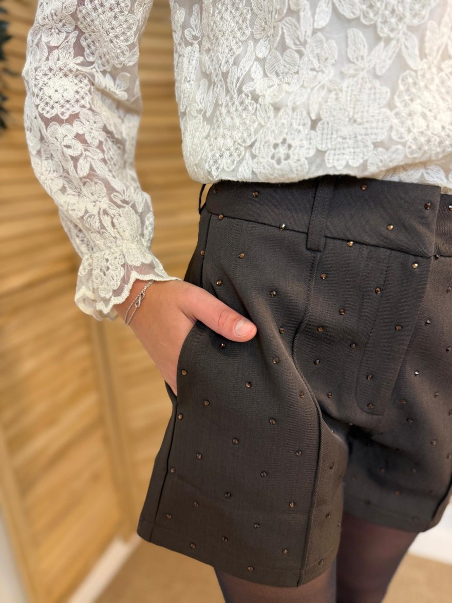 Short Kilky Café à Strass Coupe Droite & Détails Brillants | Marina & Paloma
