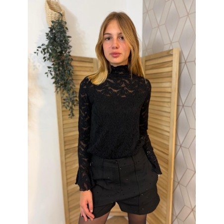 Haut Kilky en Dentelle Noire Transparente Col Montant | Marina & Paloma