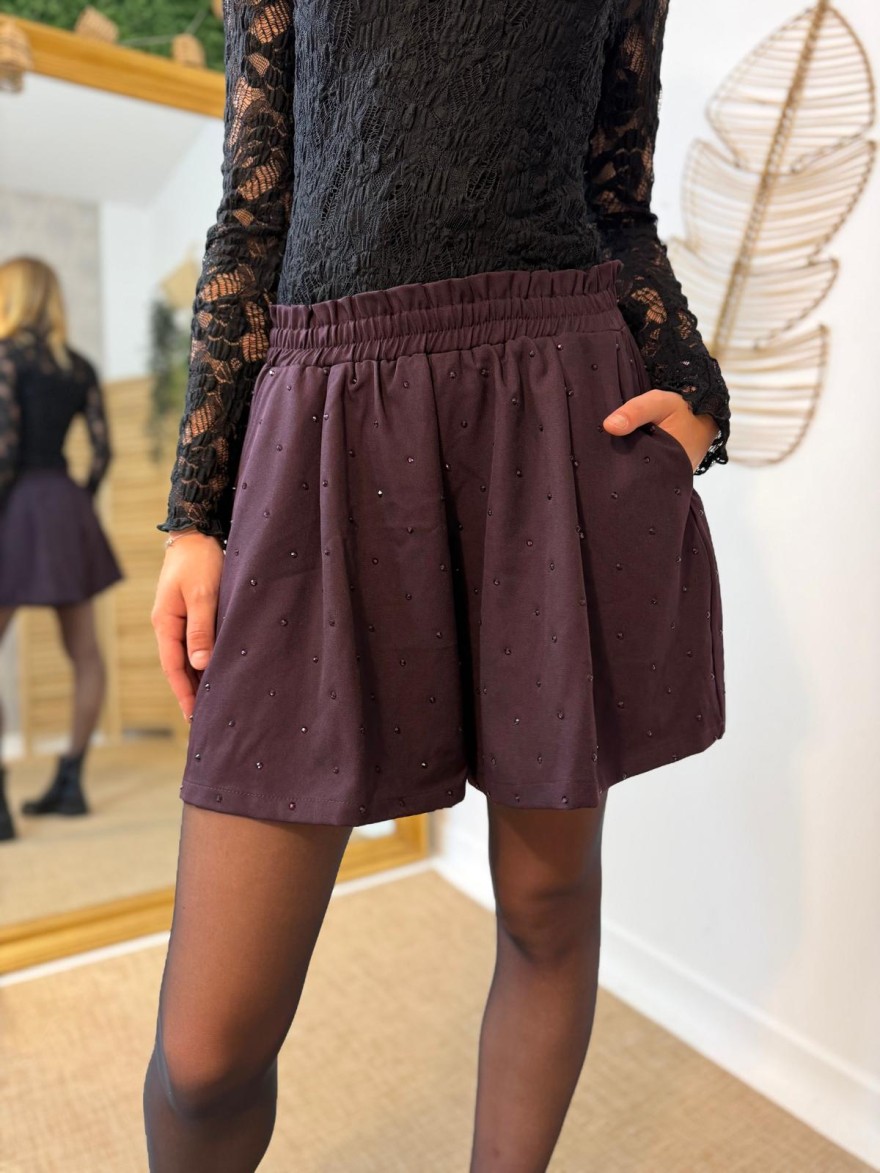 Short Kilky Prune à Strass Taille Haute & Coupe Ample | Marina & Paloma