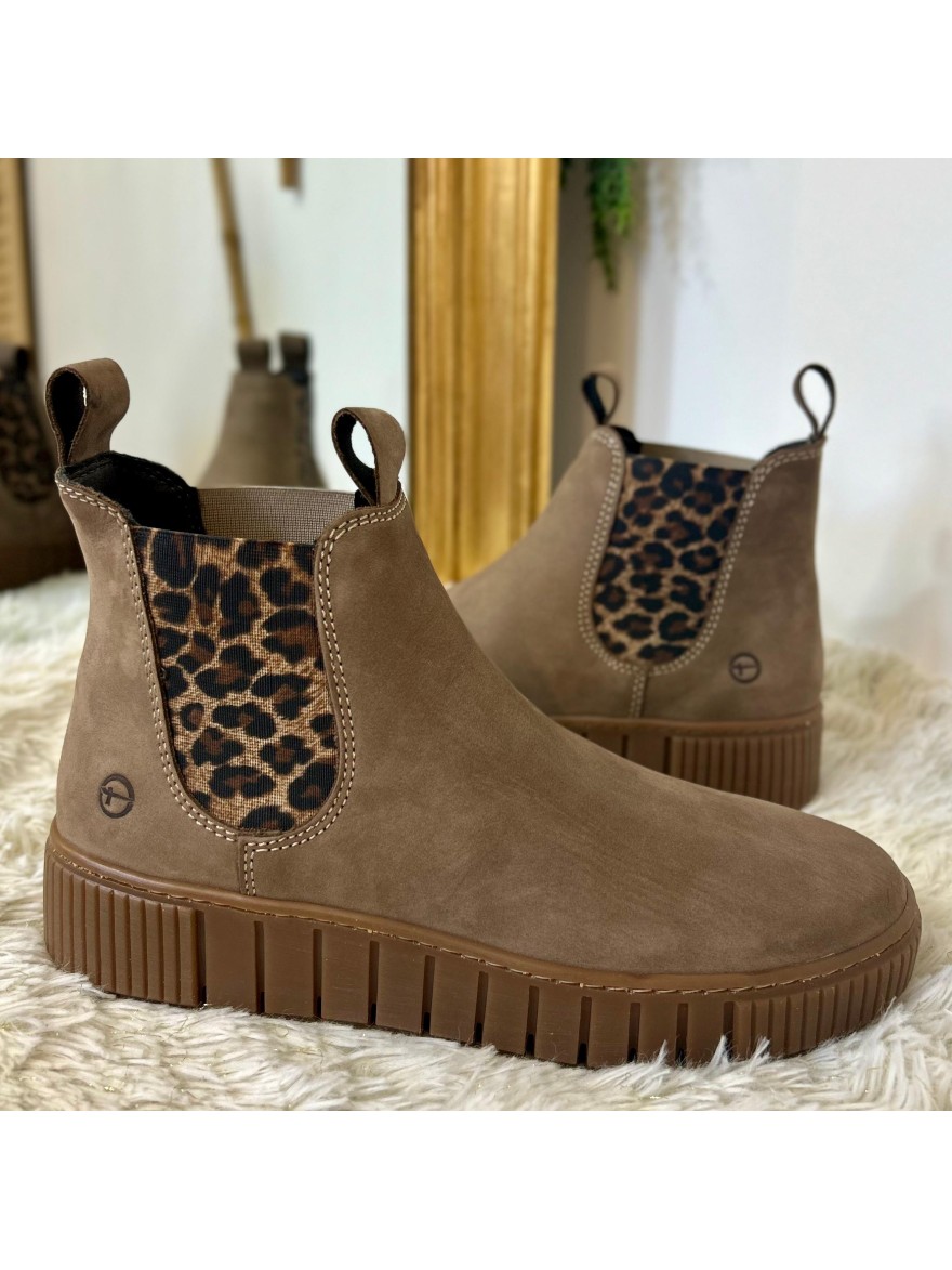 Bottine Tamaris Taupe et Léopard 25403 Chelsea en Cuir | Marina & Paloma