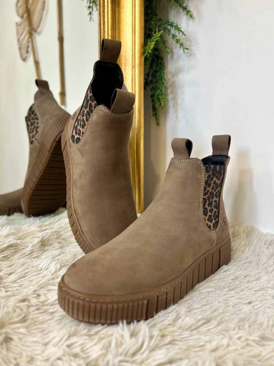 Bottine Tamaris Taupe et Léopard 25403 Chelsea en Cuir | Marina & Paloma