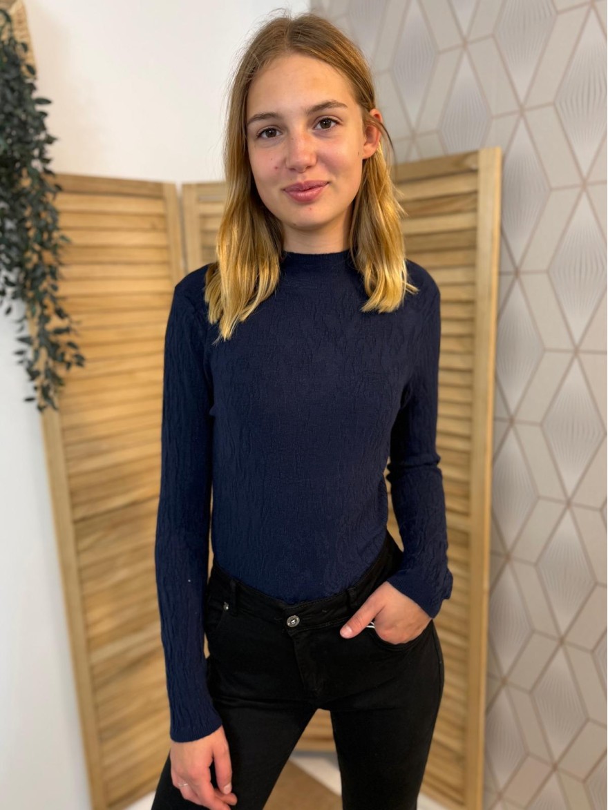 Sous Pull Col Cheminée Bleu Marine Motifs Ton sur Ton | Marina & Paloma