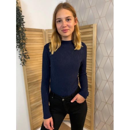 Sous Pull Col Cheminée Bleu Marine Motifs Ton sur Ton | Marina & Paloma
