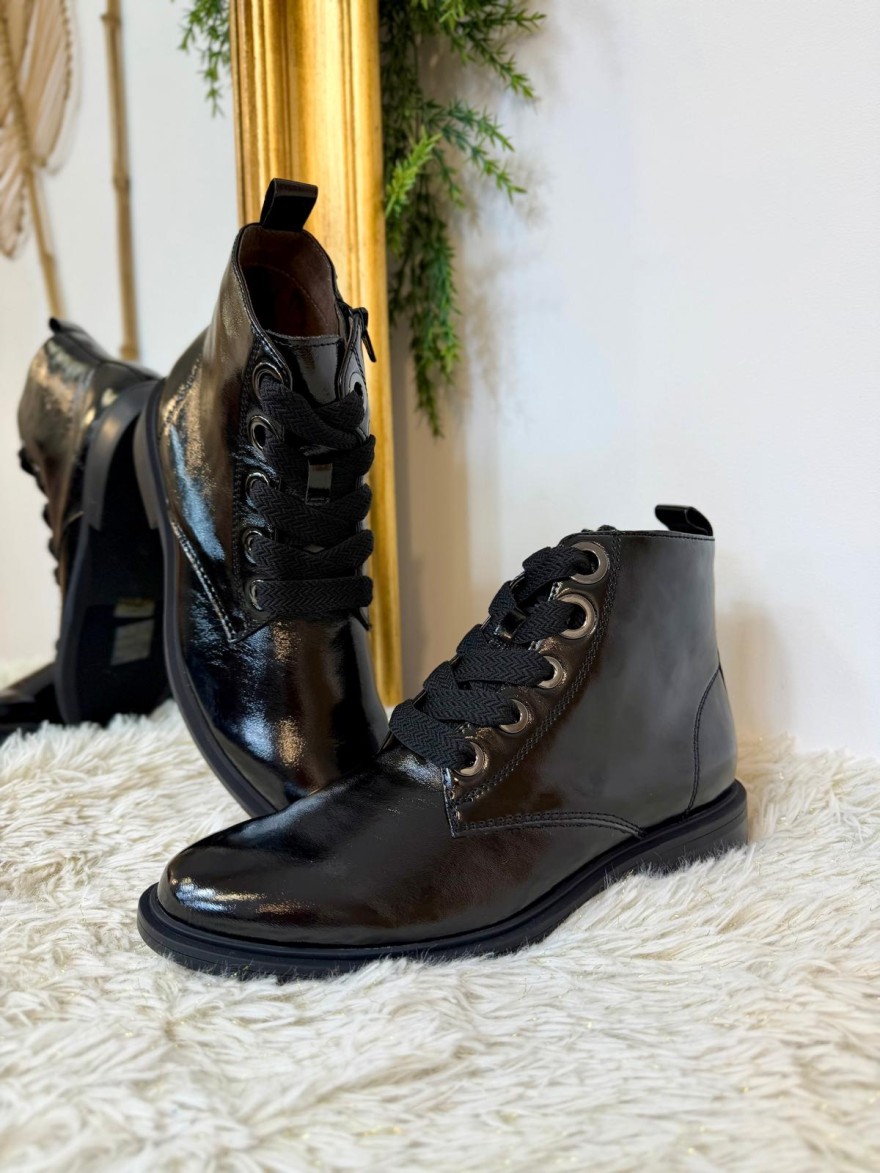 Bottine Fugitive Vernis Noir à Lacets et Zip Talon 2,5 cm | Marina & Paloma
