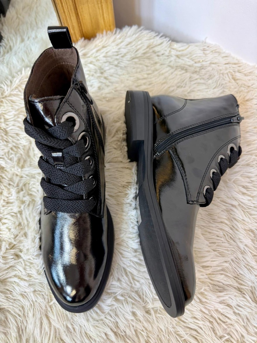 Bottine Fugitive Vernis Noir à Lacets et Zip Talon 2,5 cm | Marina & Paloma