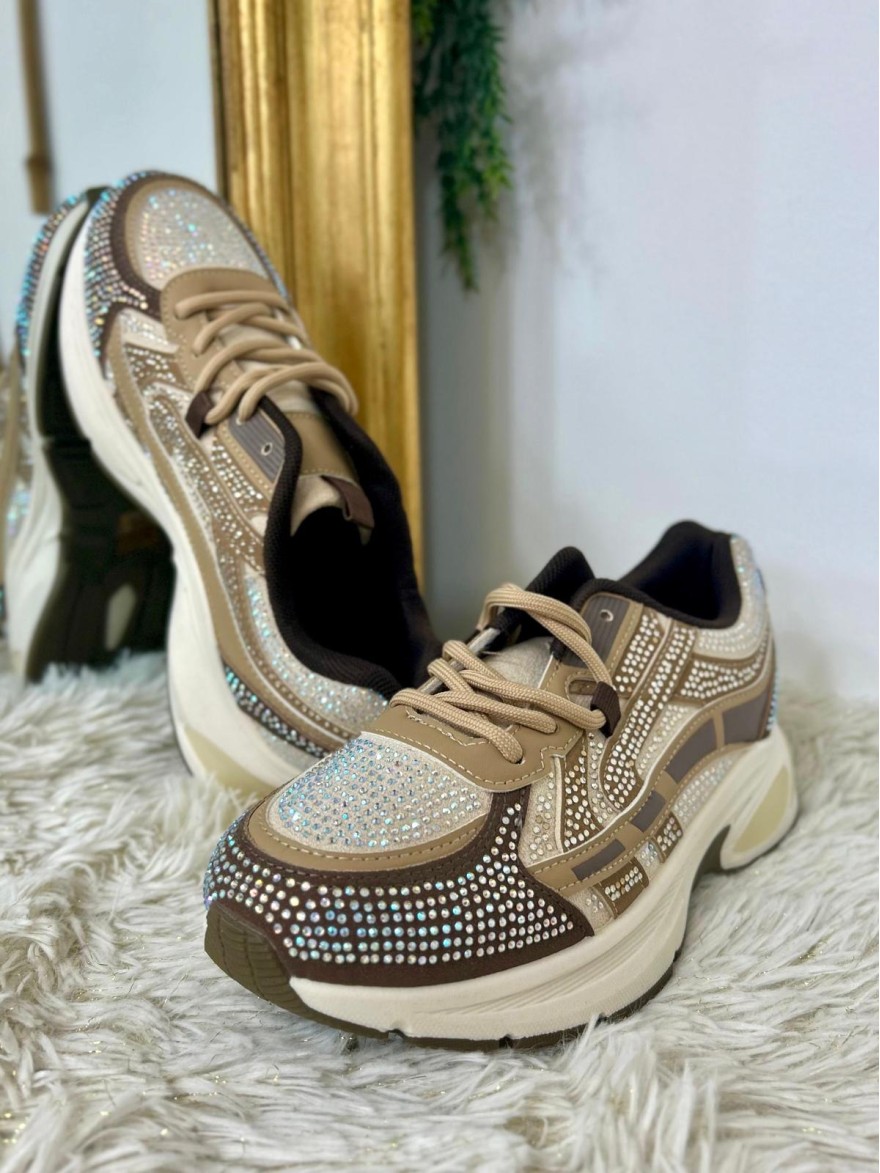Basket a Strass Marron Jeu d’Empiècements Taupe Beige | Marina & Paloma