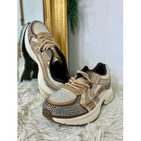 Basket a Strass Marron Jeu d’Empiècements Taupe Beige | Marina & Paloma