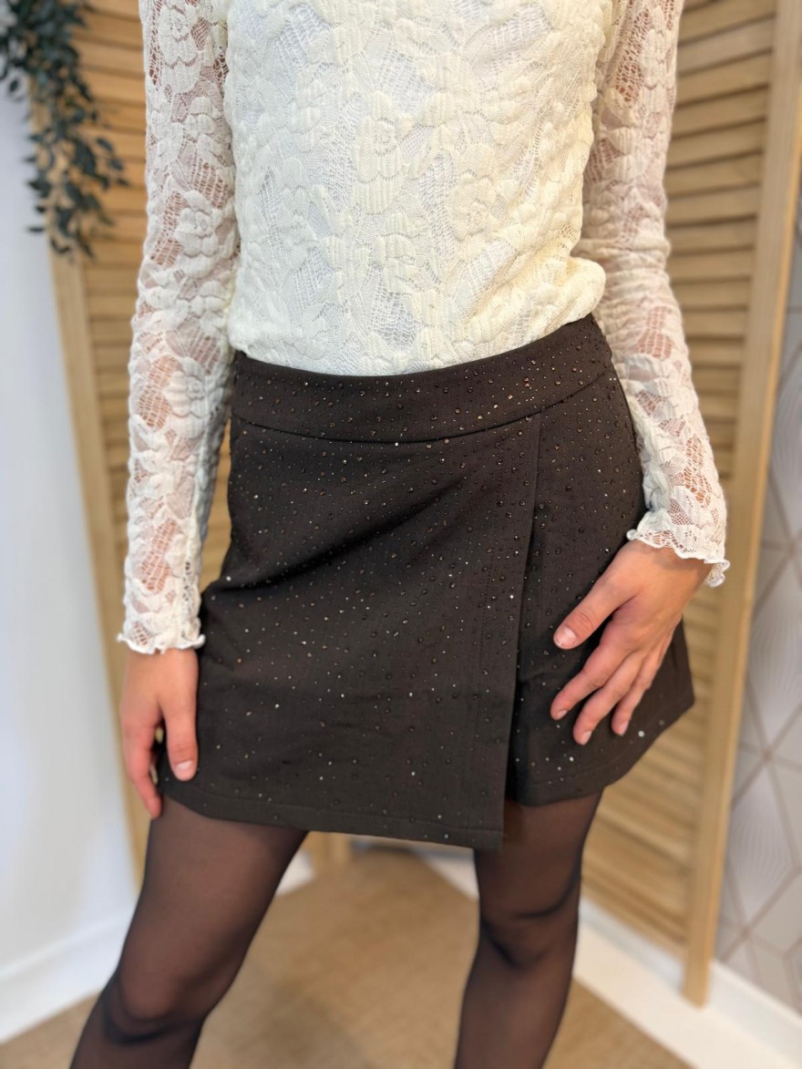 Jupe Short Kilky Marron à Strass Effet Jupe Tendance | Marina & Paloma