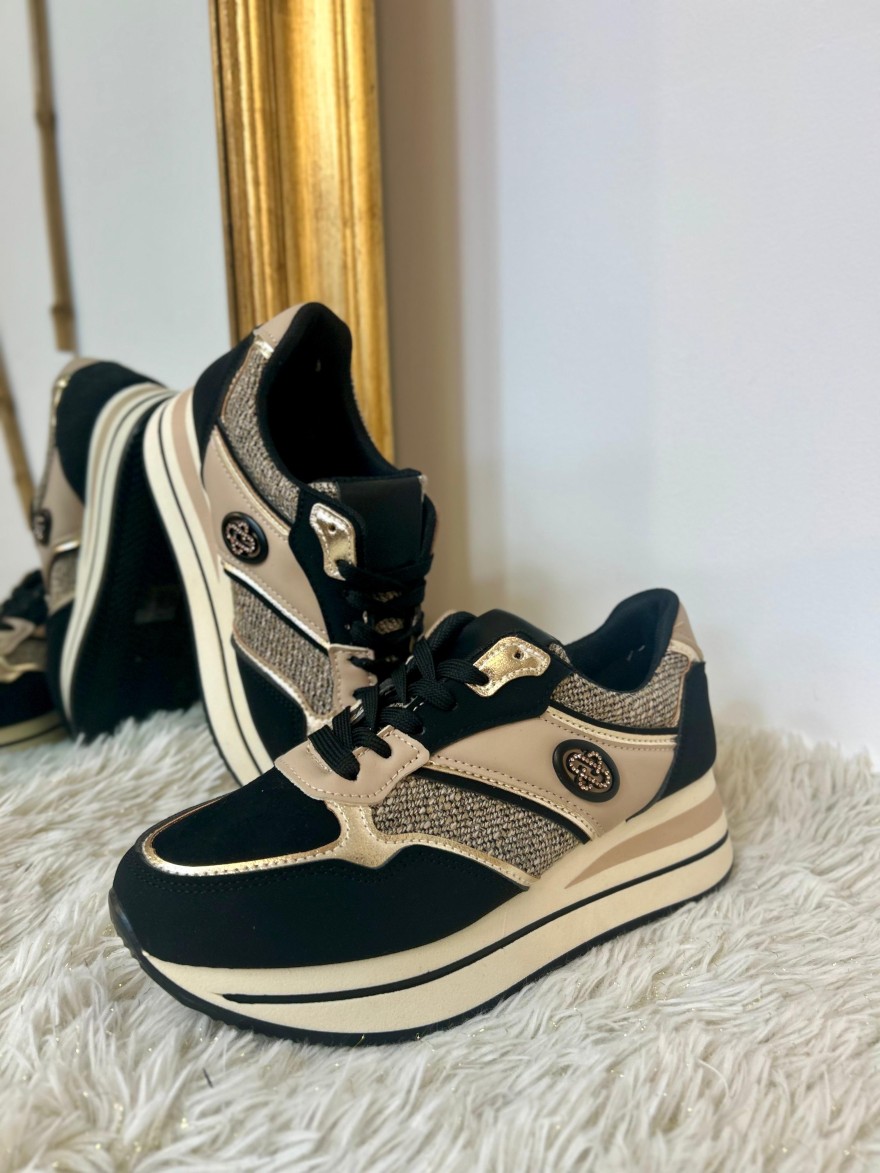 Basket Compensée Noire et Beige à Détails Dorés 4 cm | Marina & Paloma