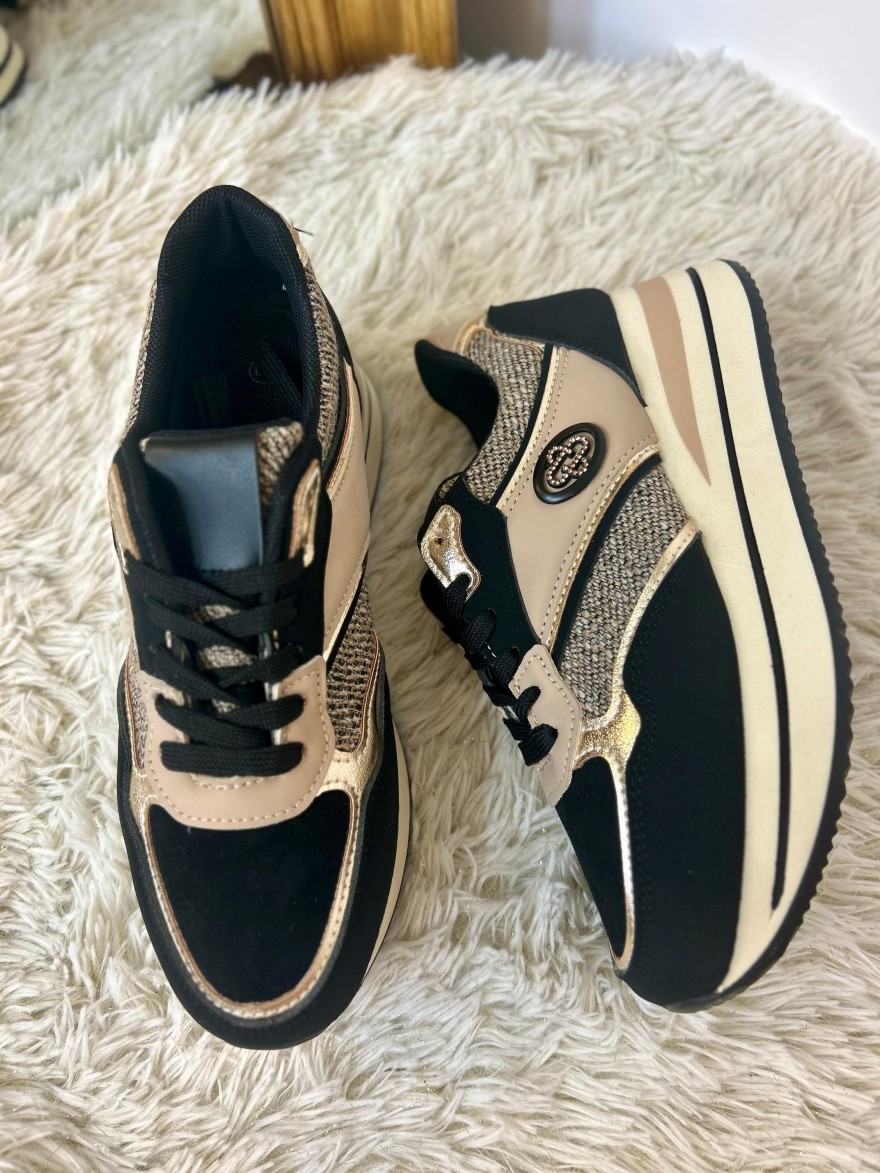 Basket Compensée Noire et Beige à Détails Dorés 4 cm | Marina & Paloma