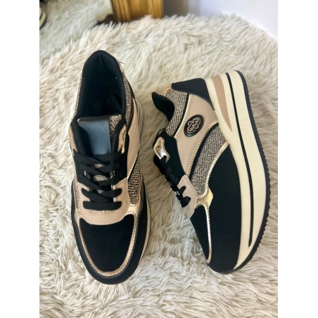 Basket Compensée Noire et Beige à Détails Dorés 4 cm | Marina & Paloma