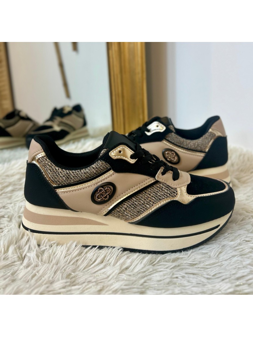 Basket Compensée Noire et Beige à Détails Dorés 4 cm | Marina & Paloma