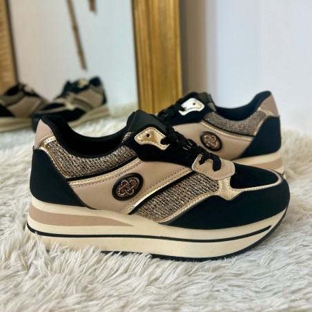 Basket Compensée Noire et Beige à Détails Dorés 4 cm | Marina & Paloma