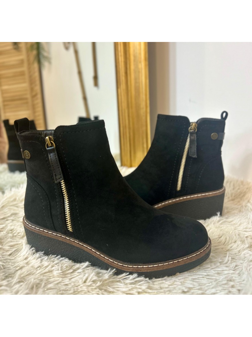 Bottine Compensée Noire Effet Velours 6 cm – Double Zip | Marina & Paloma