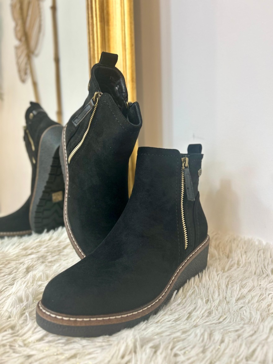 Bottine Compensée Noire Effet Velours 6 cm – Double Zip | Marina & Paloma