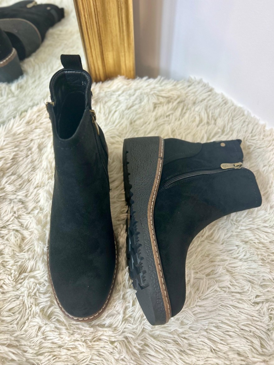 Bottine Compensée Noire Effet Velours 6 cm – Double Zip | Marina & Paloma